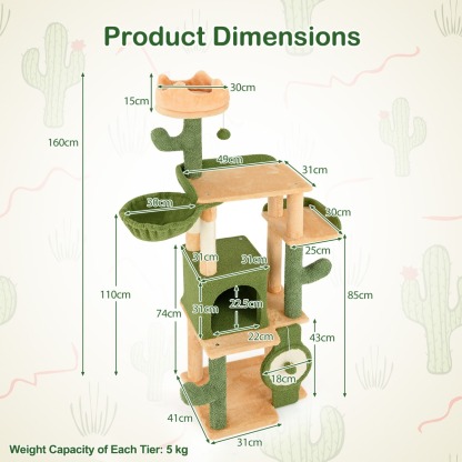 Furfurst 160cm Multi-level Cactus Cat Tree with Sisal Scratching Posts