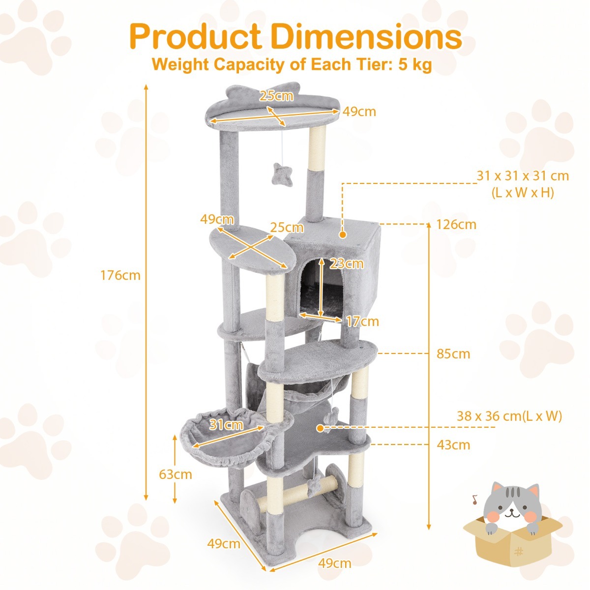 Furfurst 176cm Tall Multi-level Cat Tree Cat Tower with Top Perch