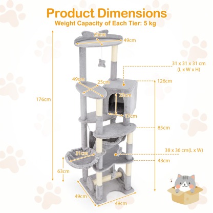 Furfurst 176cm Tall Multi-level Cat Tree Cat Tower with Top Perch