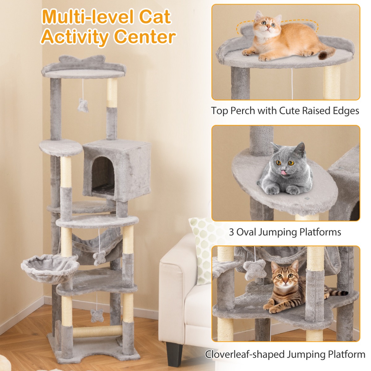 Furfurst 176cm Tall Multi-level Cat Tree Cat Tower with Top Perch