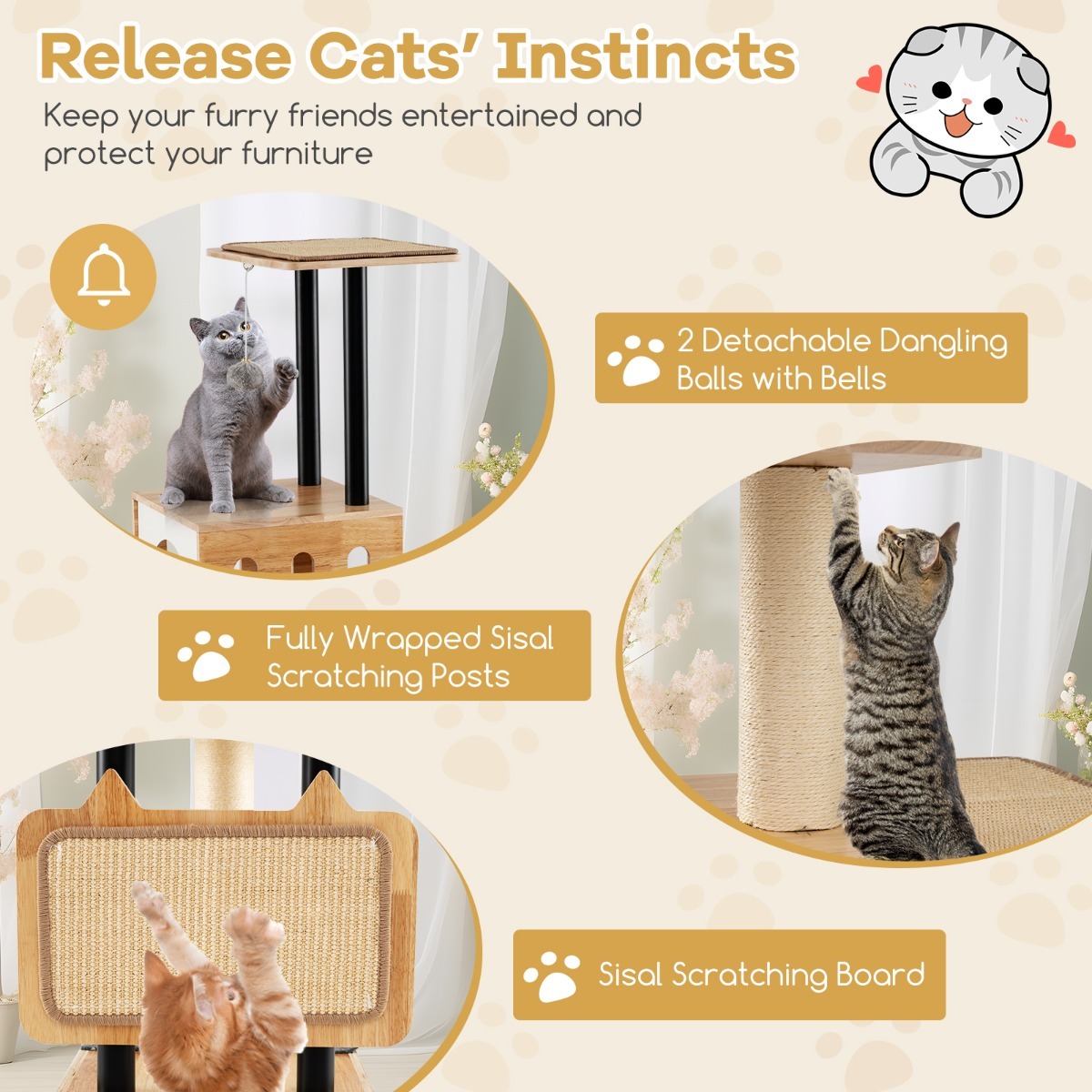 Furfurst Modern Tall Cat Tower with Double Condos and Jumping Platforms