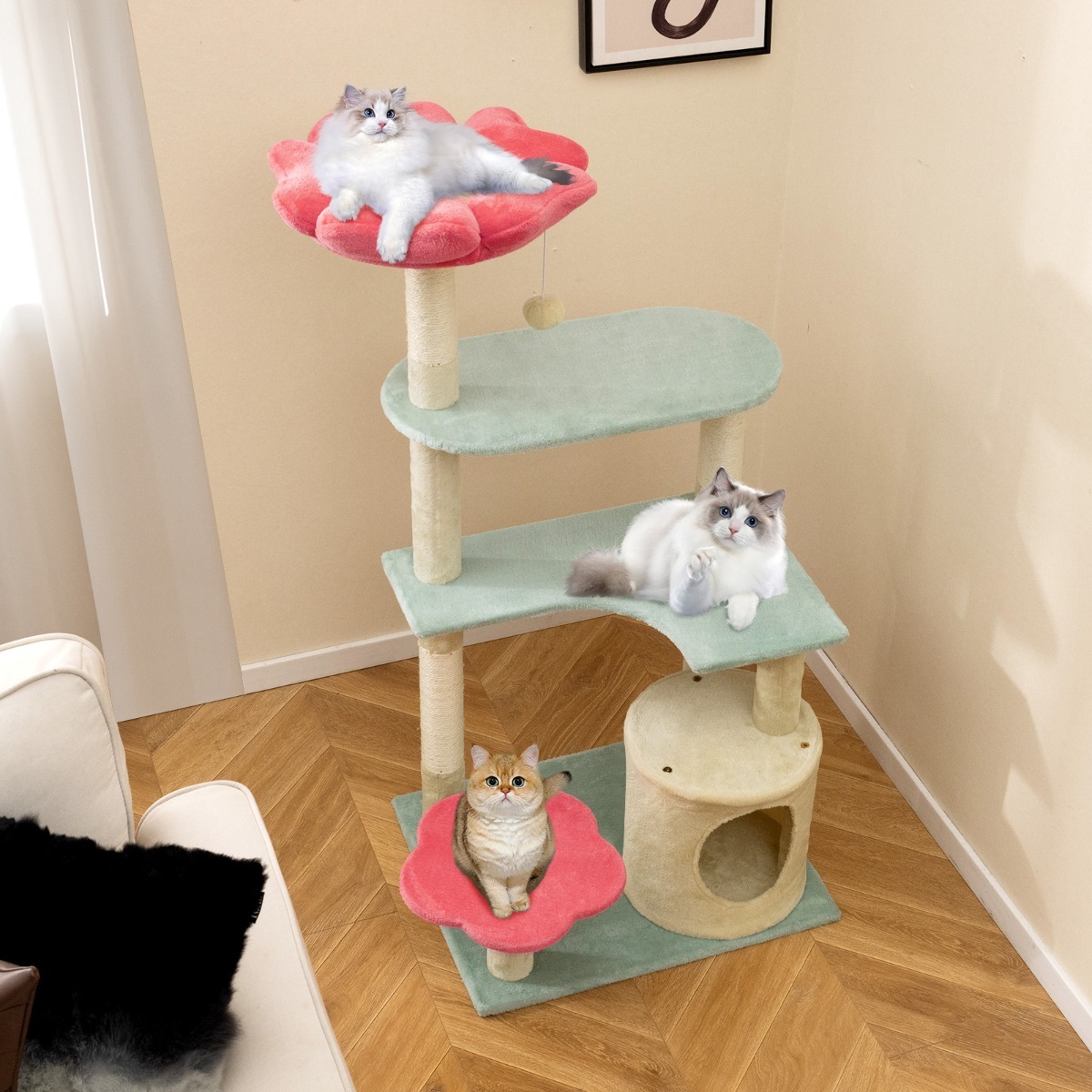 Furfurst Multi-Level Aesthetic Floral Kitten Tower with Flower-Shaped Plush Padded Perch