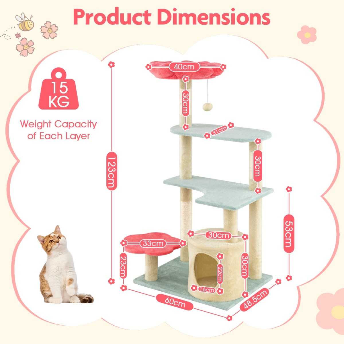 Furfurst Multi-Level Aesthetic Floral Kitten Tower with Flower-Shaped Plush Padded Perch