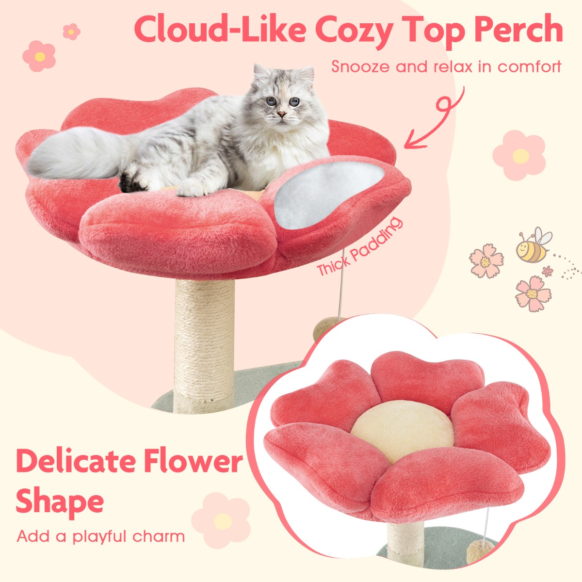 Furfurst Multi-Level Aesthetic Floral Kitten Tower with Flower-Shaped Plush Padded Perch