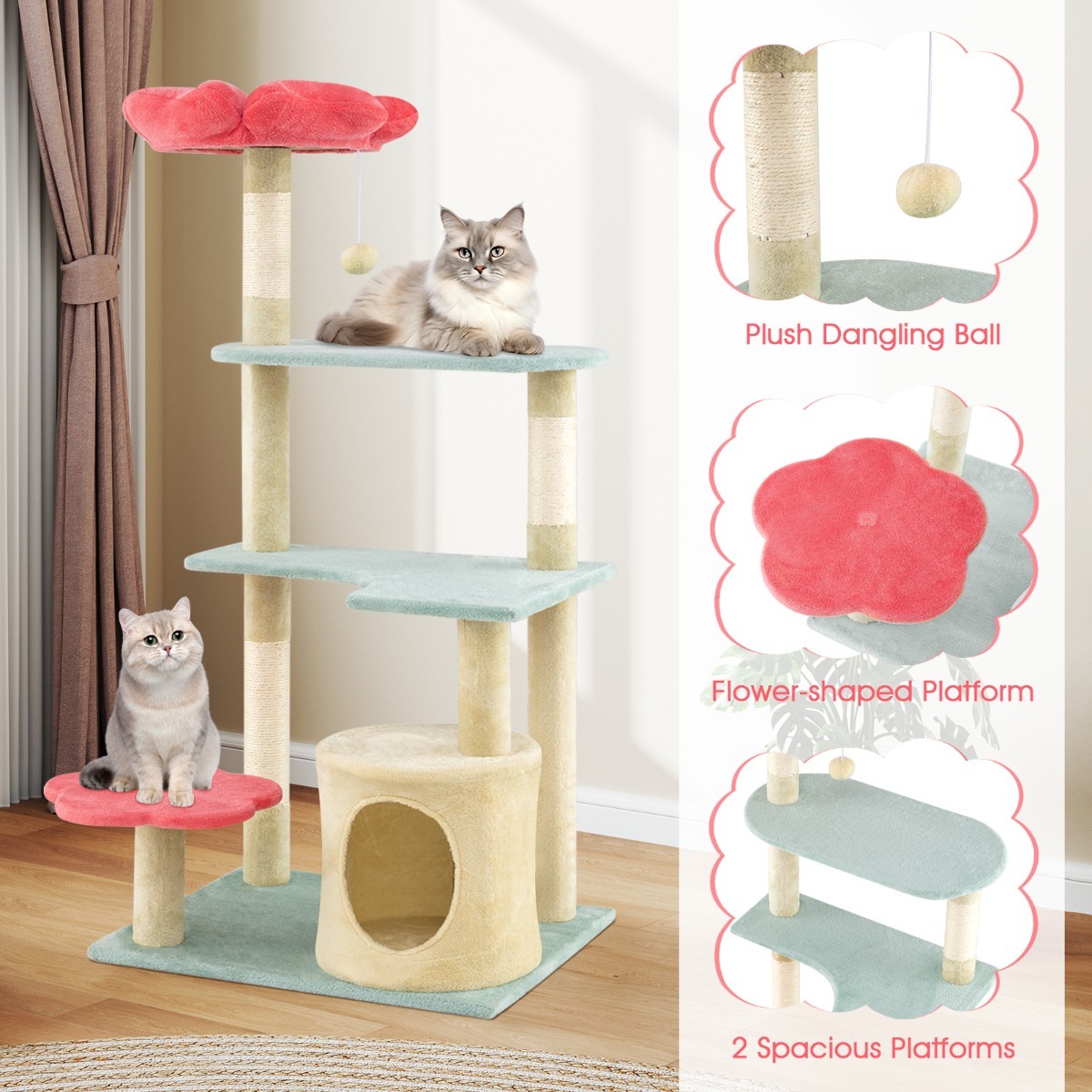 Furfurst Multi-Level Aesthetic Floral Kitten Tower with Flower-Shaped Plush Padded Perch