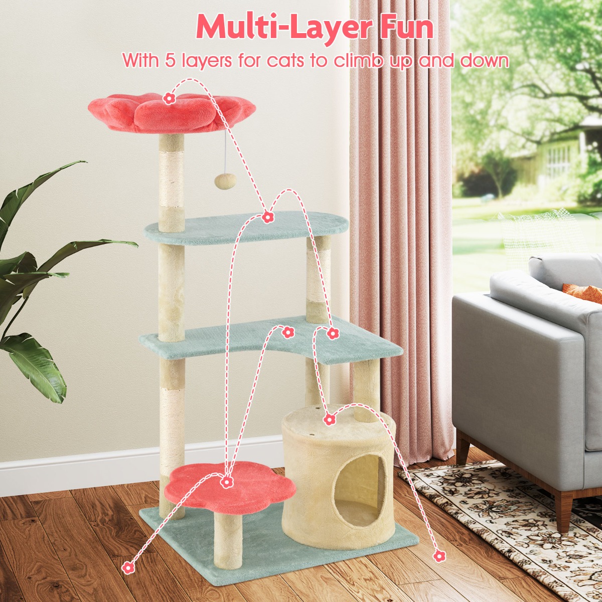 Furfurst Multi-Level Aesthetic Floral Kitten Tower with Flower-Shaped Plush Padded Perch