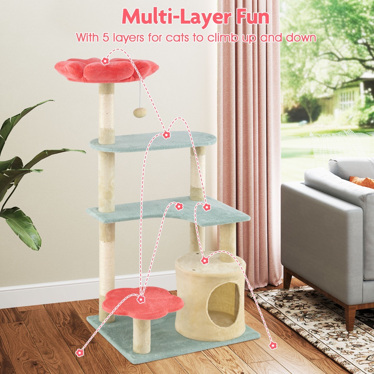 Furfurst Multi-Level Aesthetic Floral Kitten Tower with Flower-Shaped Plush Padded Perch