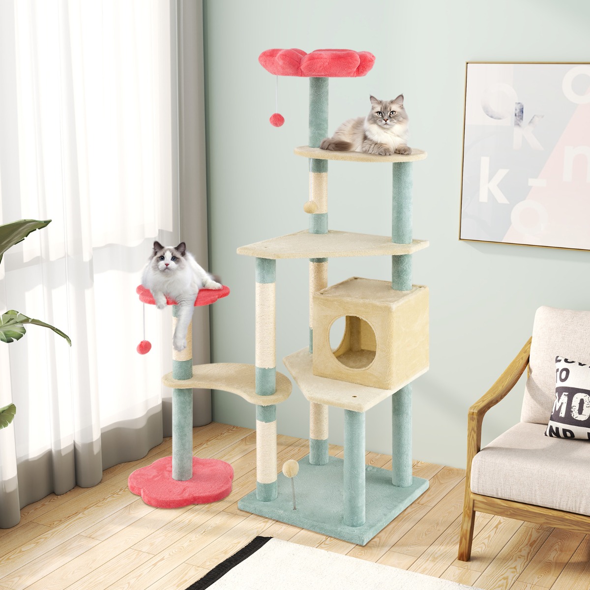 Furfurst Multi-Level Aesthetic Floral Kitten Tower with Condo and Perch