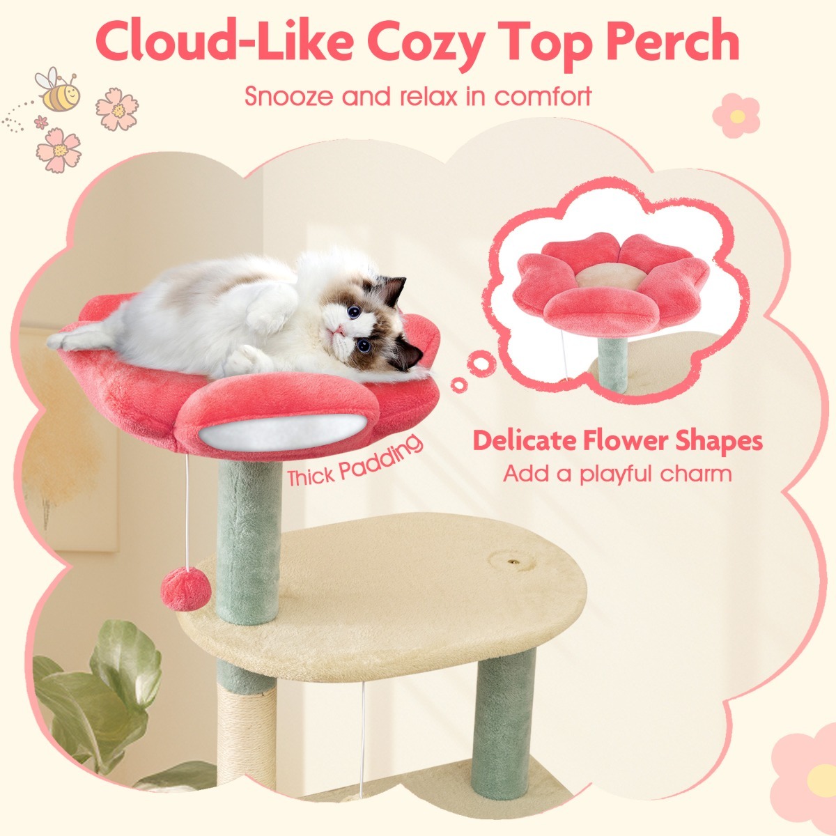 Furfurst Multi-Level Aesthetic Floral Kitten Tower with Condo and Perch