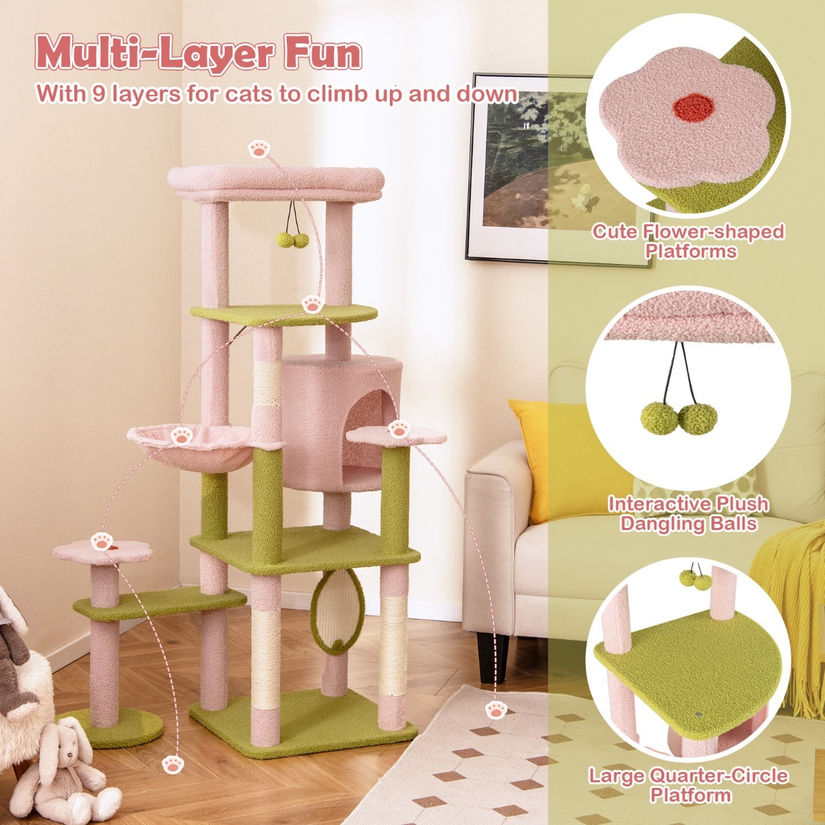 Furfurst Multi-Level Aesthetic Floral Kitten Tower with Plush Padded Top Perch and Sisal Scratching Posts