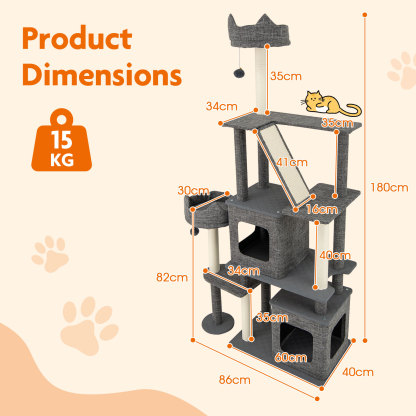 Furfurst 1.8m Tall Cat Tree with Scratching Posts and Board for Indoor Cats
