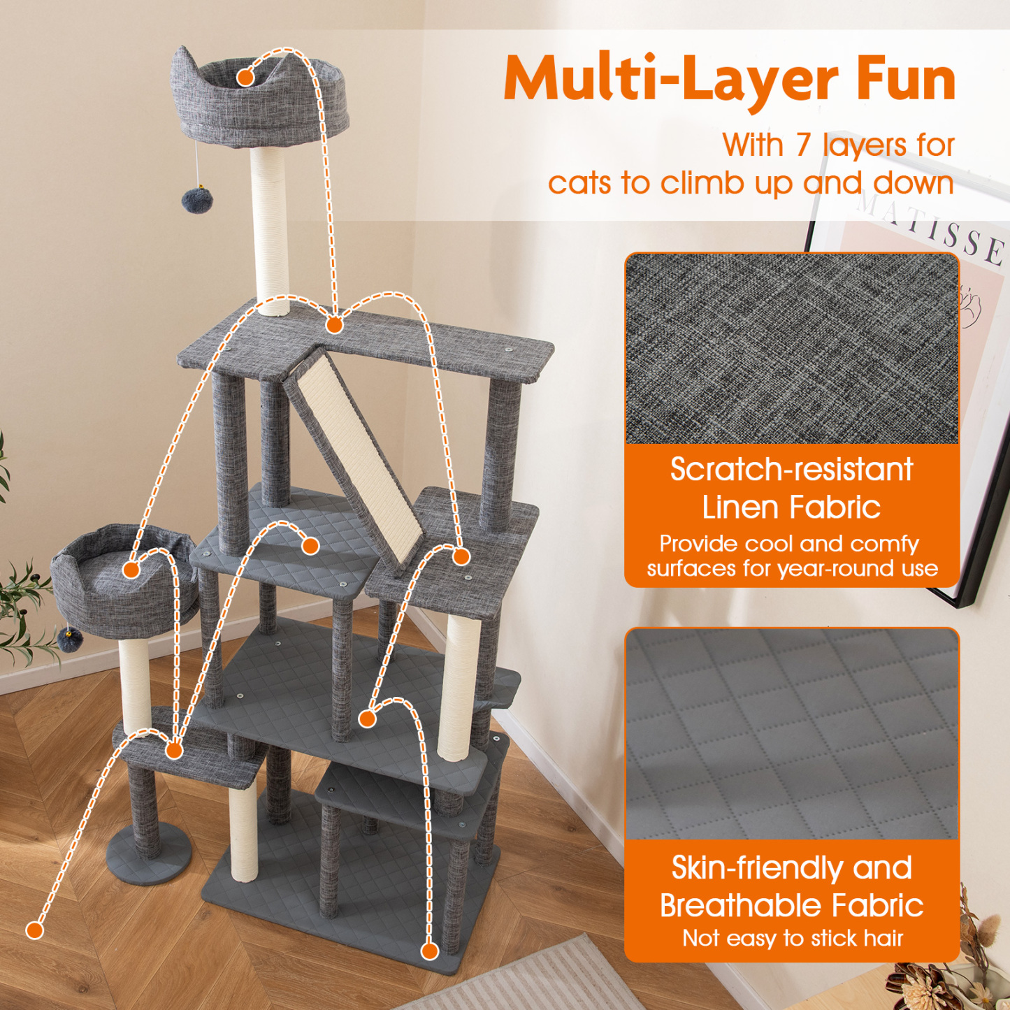 Furfurst 1.8m Tall Cat Tree with Scratching Posts and Board for Indoor Cats