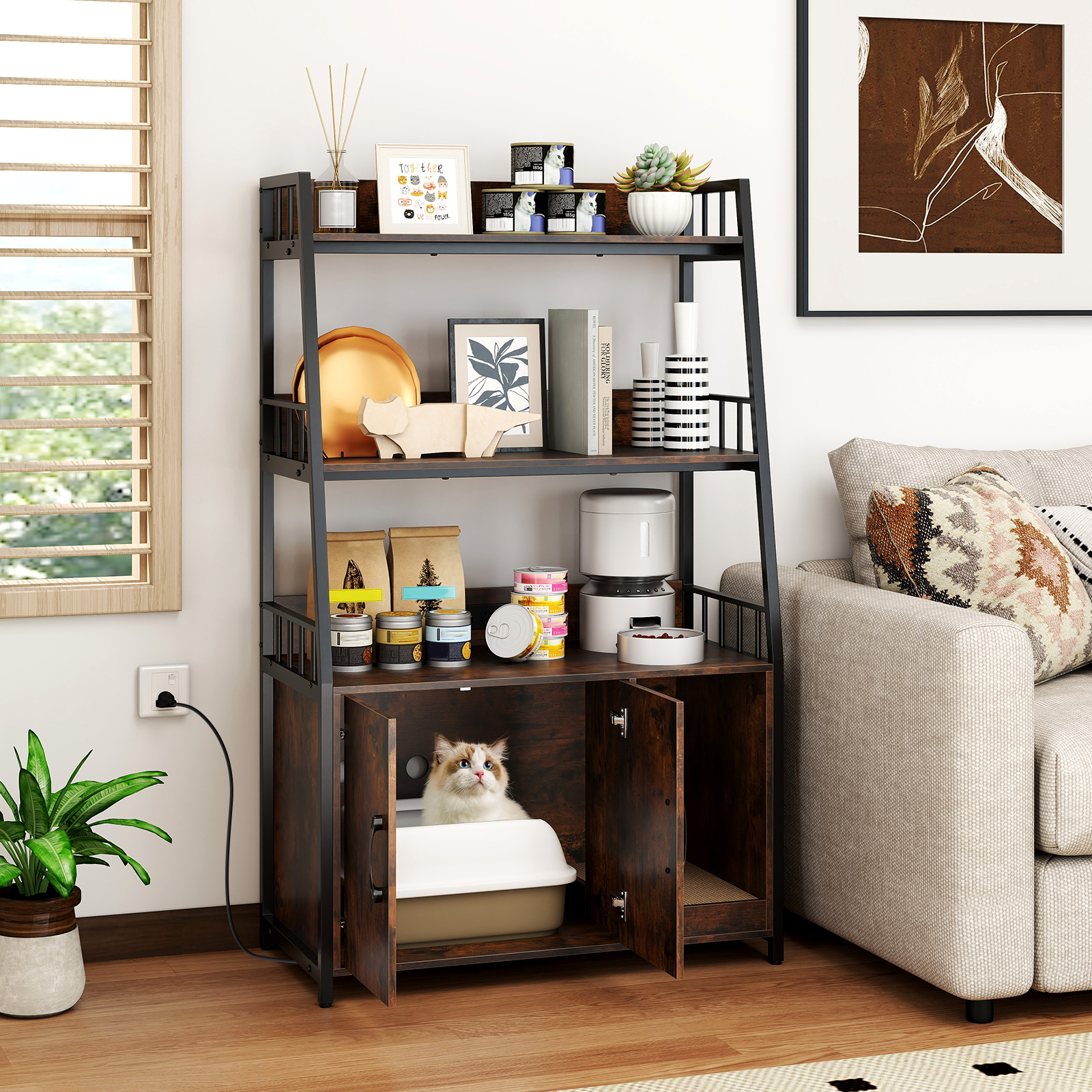 Cat Litter Box Enclosure with Storage Shelves, Large Hidden Cat Washroom Furniture