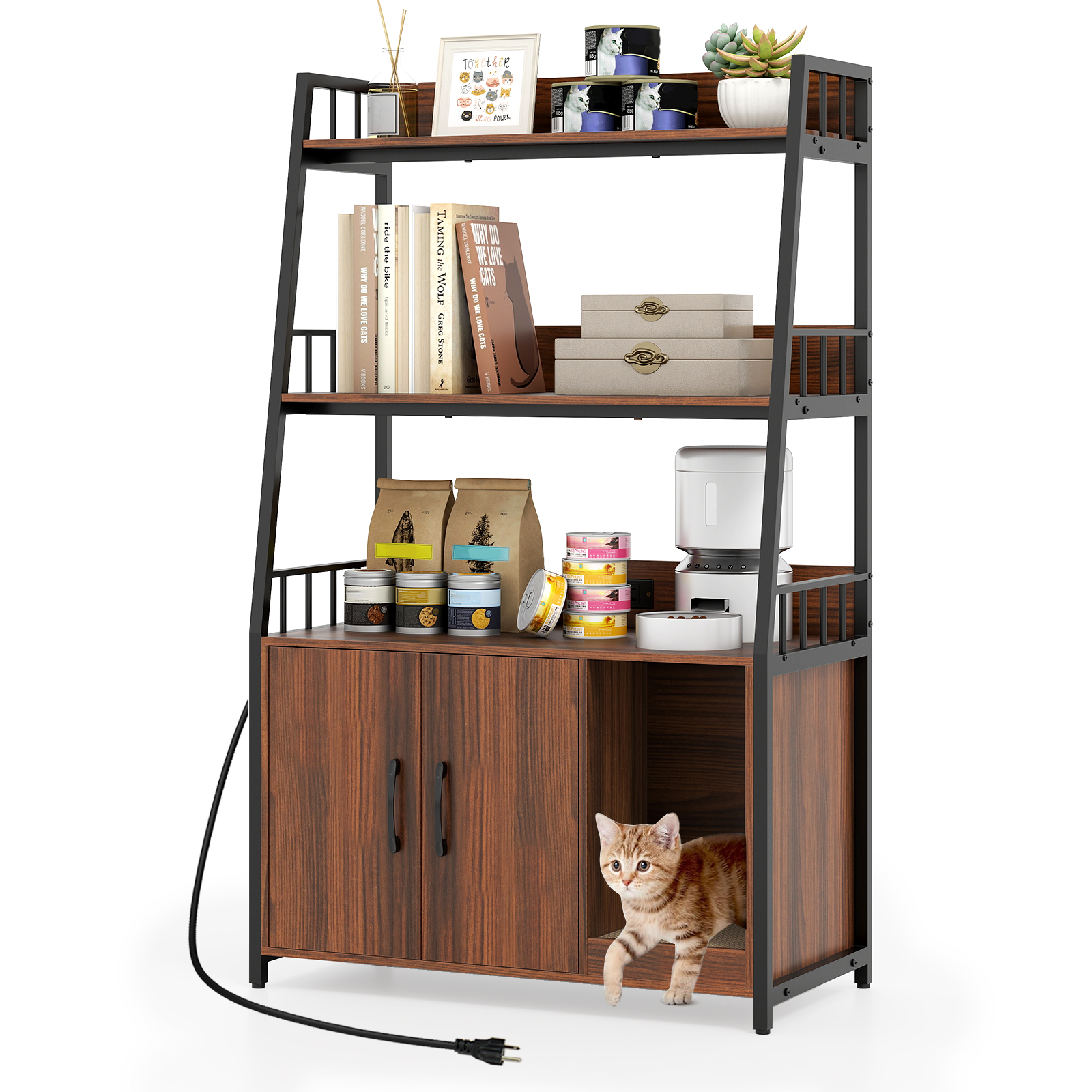 Cat Litter Box Enclosure with Storage Shelves, Large Hidden Cat Washroom Furniture