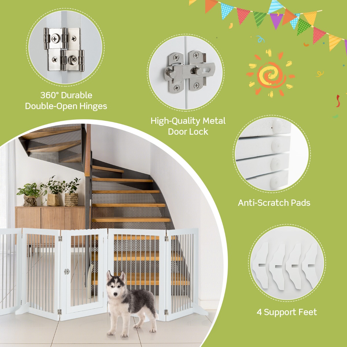 Furfurst Freestanding 6-Panel Dog Gate with Stainless Steel for Pet