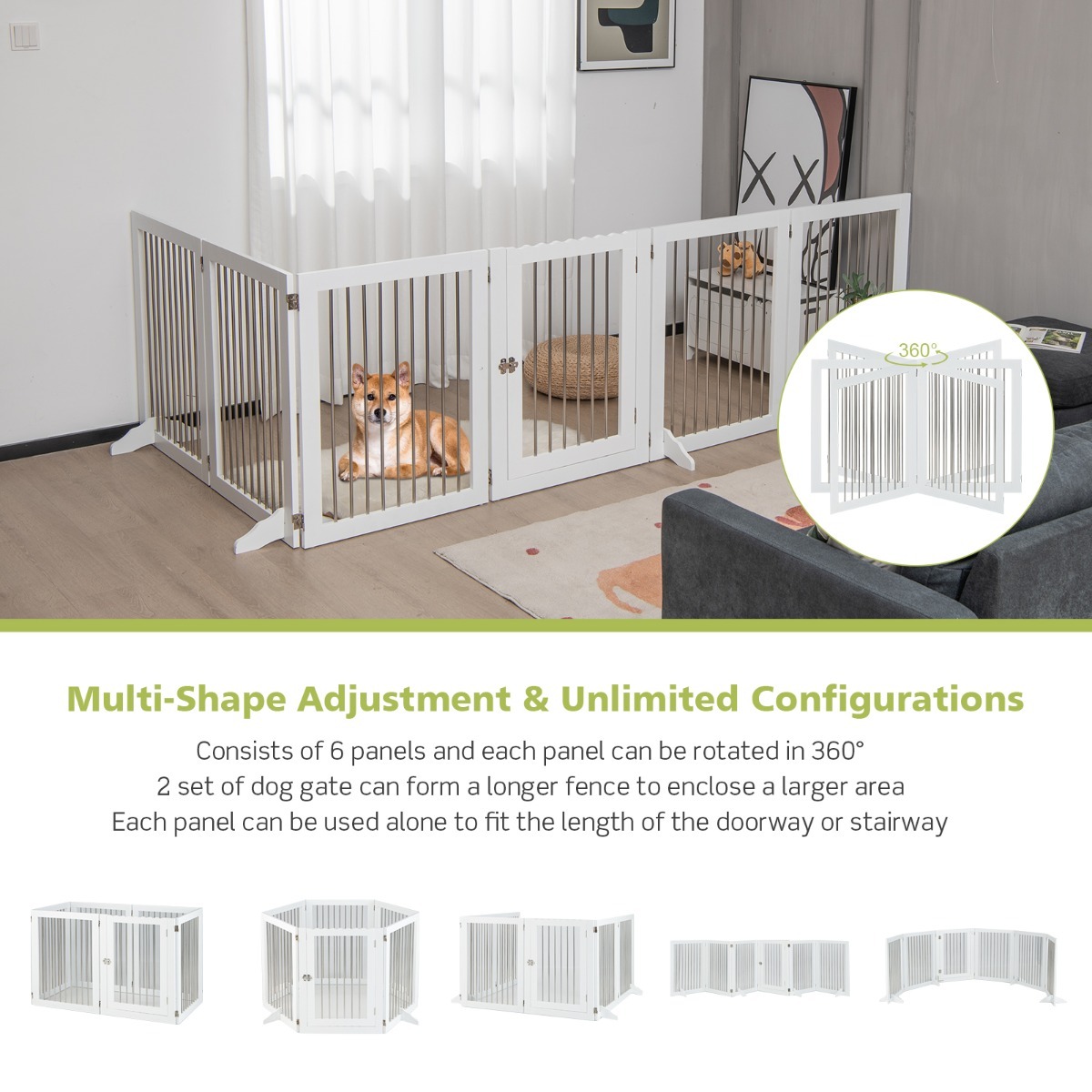 Furfurst Freestanding 6-Panel Dog Gate with Stainless Steel for Pet
