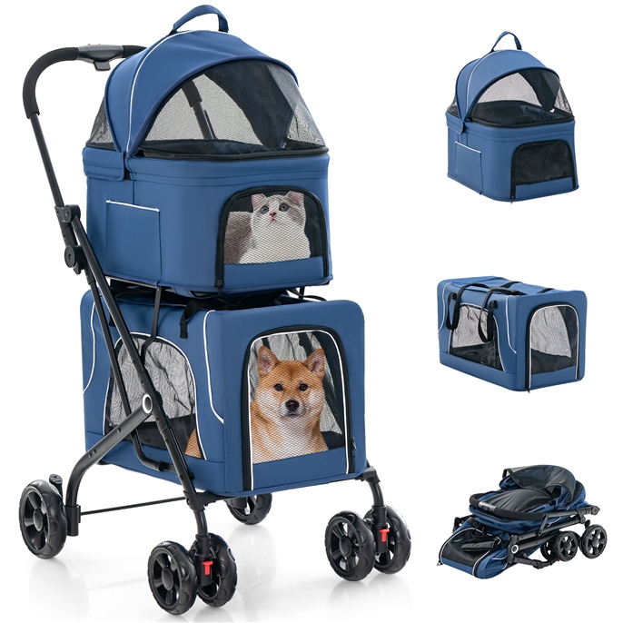 Furfurst Double Pet Stroller Foldable 3-in-1 Dog Stroller with 2 Detachable Carriers