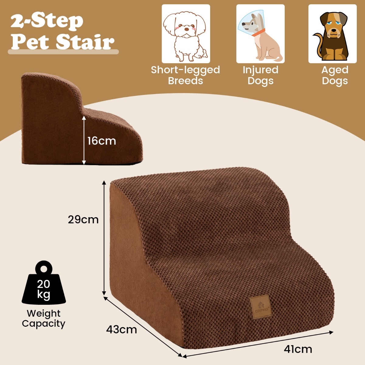 Furfurst 2-Tier High-Density Foam Dog Ramp Pet Stairs with Washable Cover