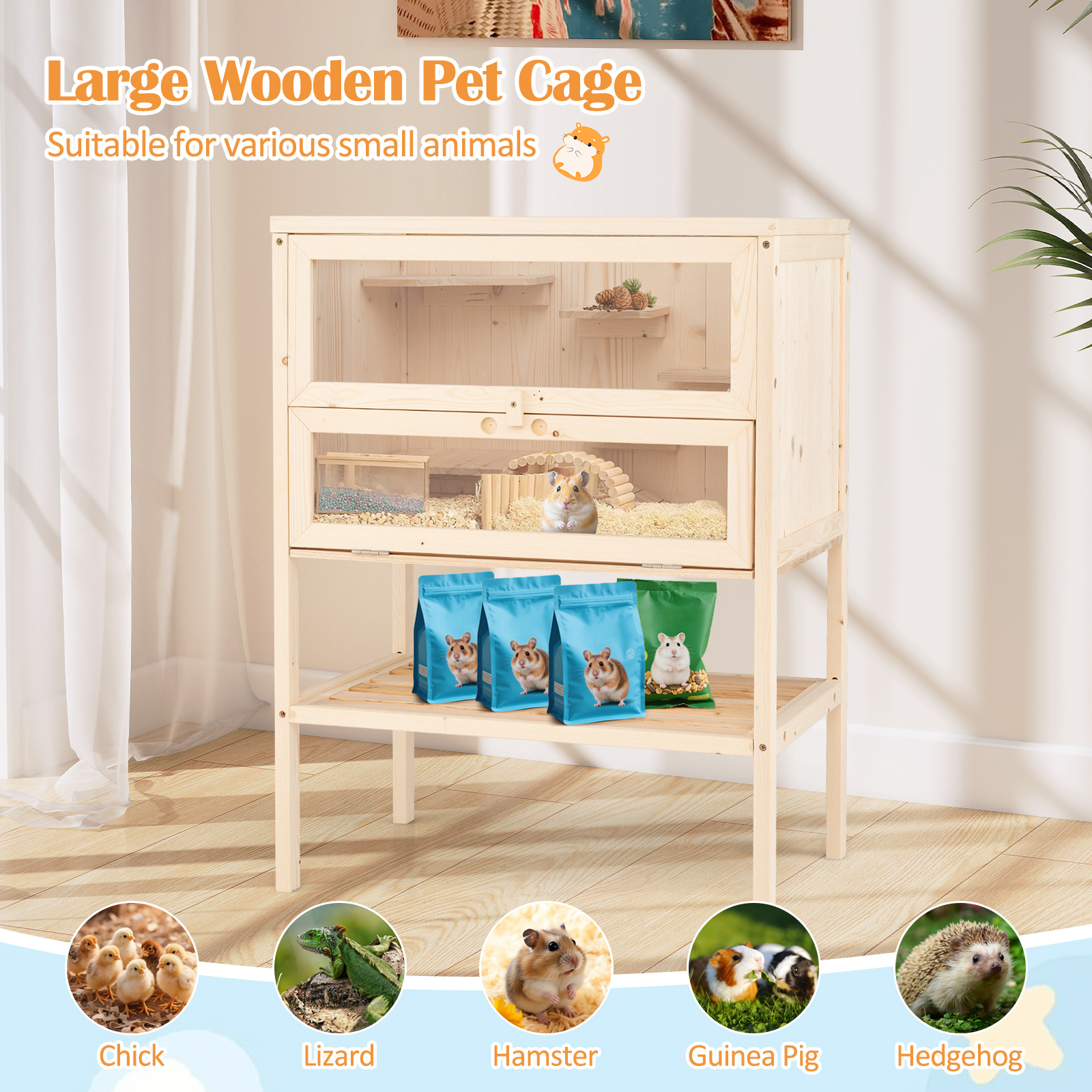 80 cm Freestanding Hamster Cage, Wooden Hamster Habitat Playpen