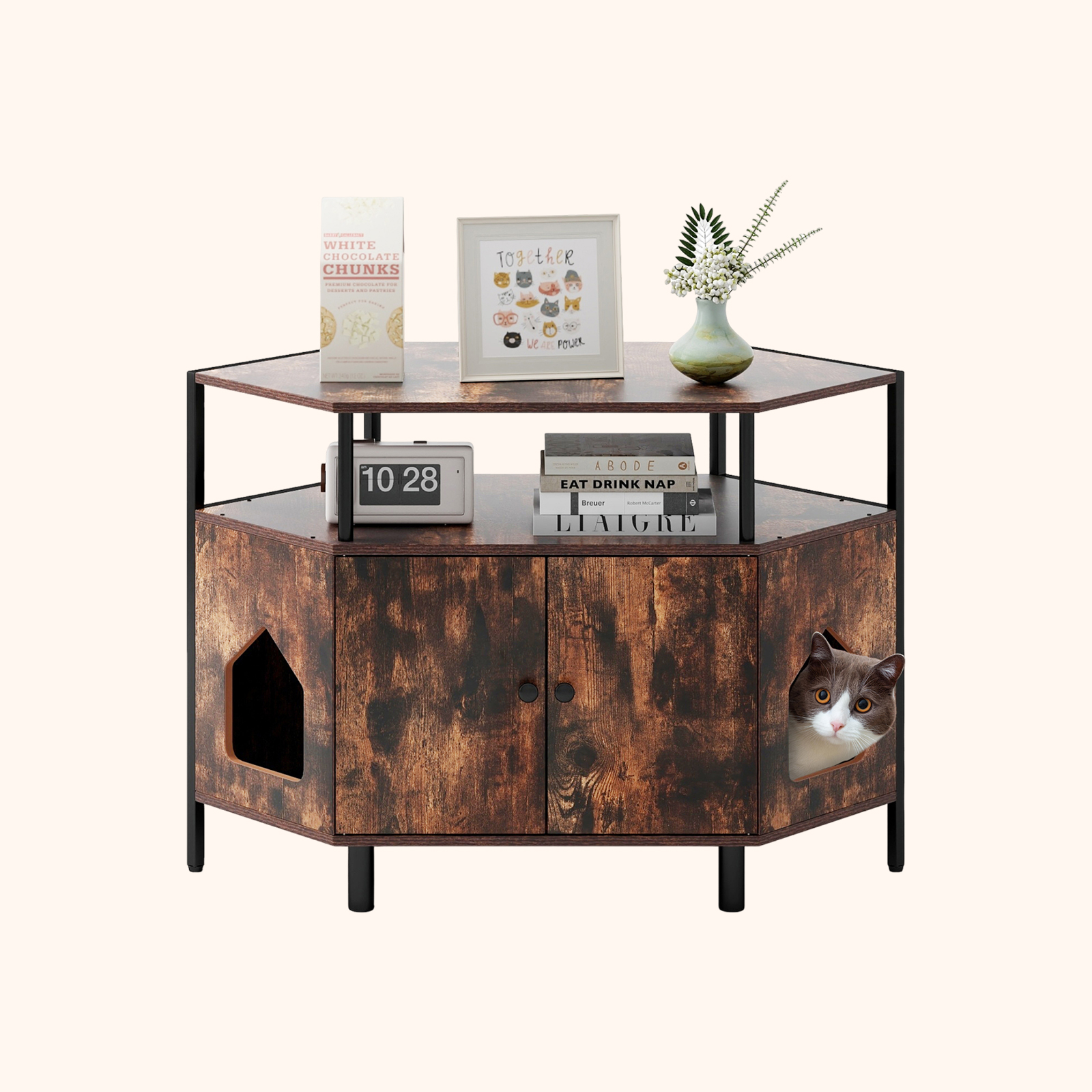 Furfurst Corner Cat Litter Box Enclosure with Open Shelf Entries and Double Doors Without Cat Litter Box