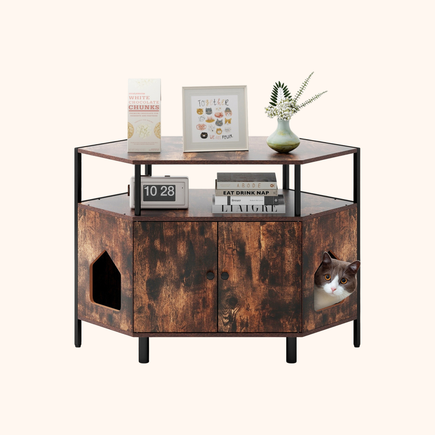 Furfurst Corner Cat Litter Box Enclosure with Open Shelf Entries and Double Doors Without Cat Litter Box