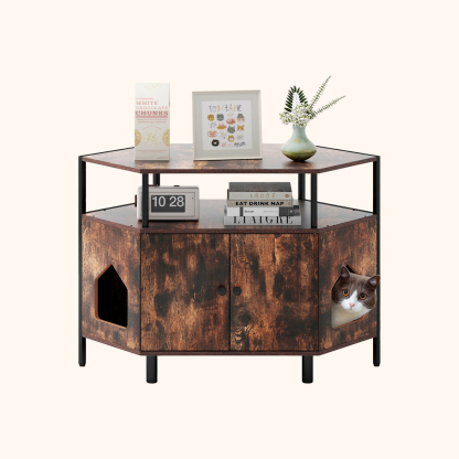 Furfurst Corner Cat Litter Box Enclosure with Open Shelf Entries and Double Doors Without Cat Litter Box