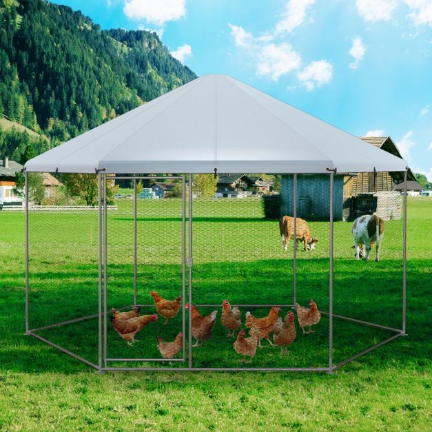 Chicken Run House Spire-shaped Cage with Wire Mesh and Lockable Door for Duck, Goose, Rabbit