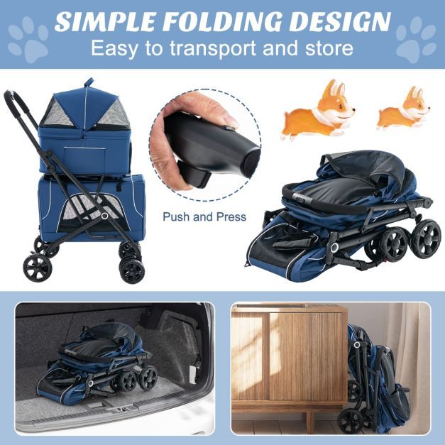 Double Pet Stroller for 2 Dogs or Cats Foldable with 2 Detachable Carriers