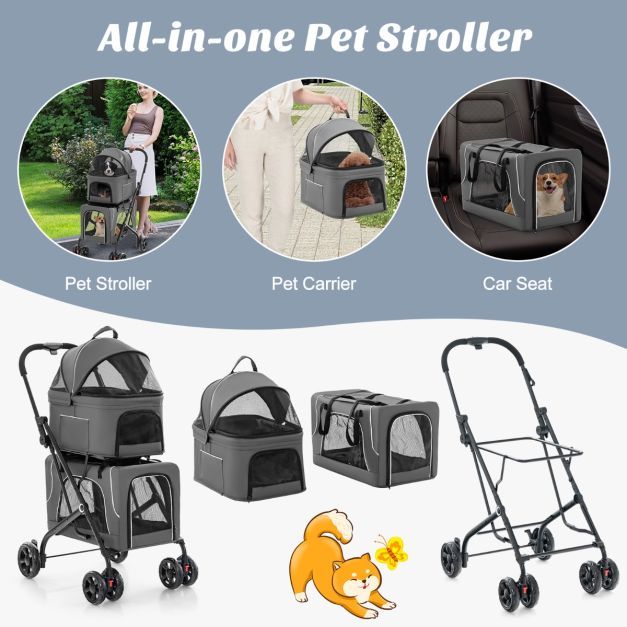 Double Pet Stroller for 2 Dogs or Cats Foldable with 2 Detachable Carriers