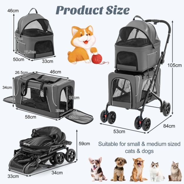 Double Pet Stroller for 2 Dogs or Cats Foldable with 2 Detachable Carriers
