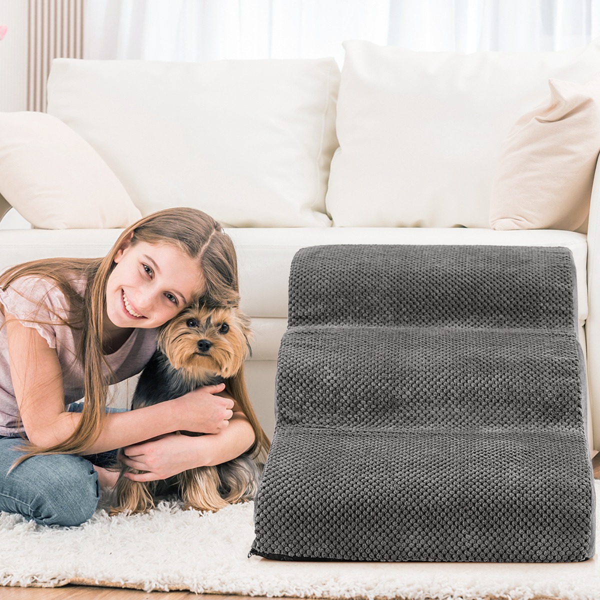 3-Tier Foam Dog Ramp with High-Density Sponge and Silicone Paw Prints