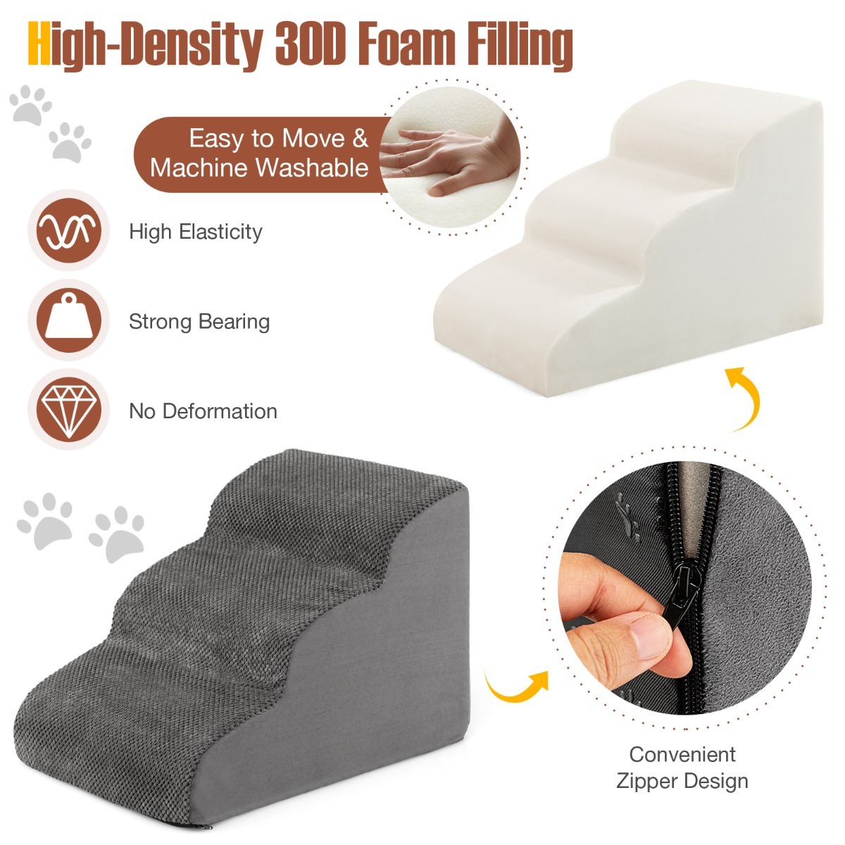 3-Tier Foam Dog Ramp with High-Density Sponge and Silicone Paw Prints
