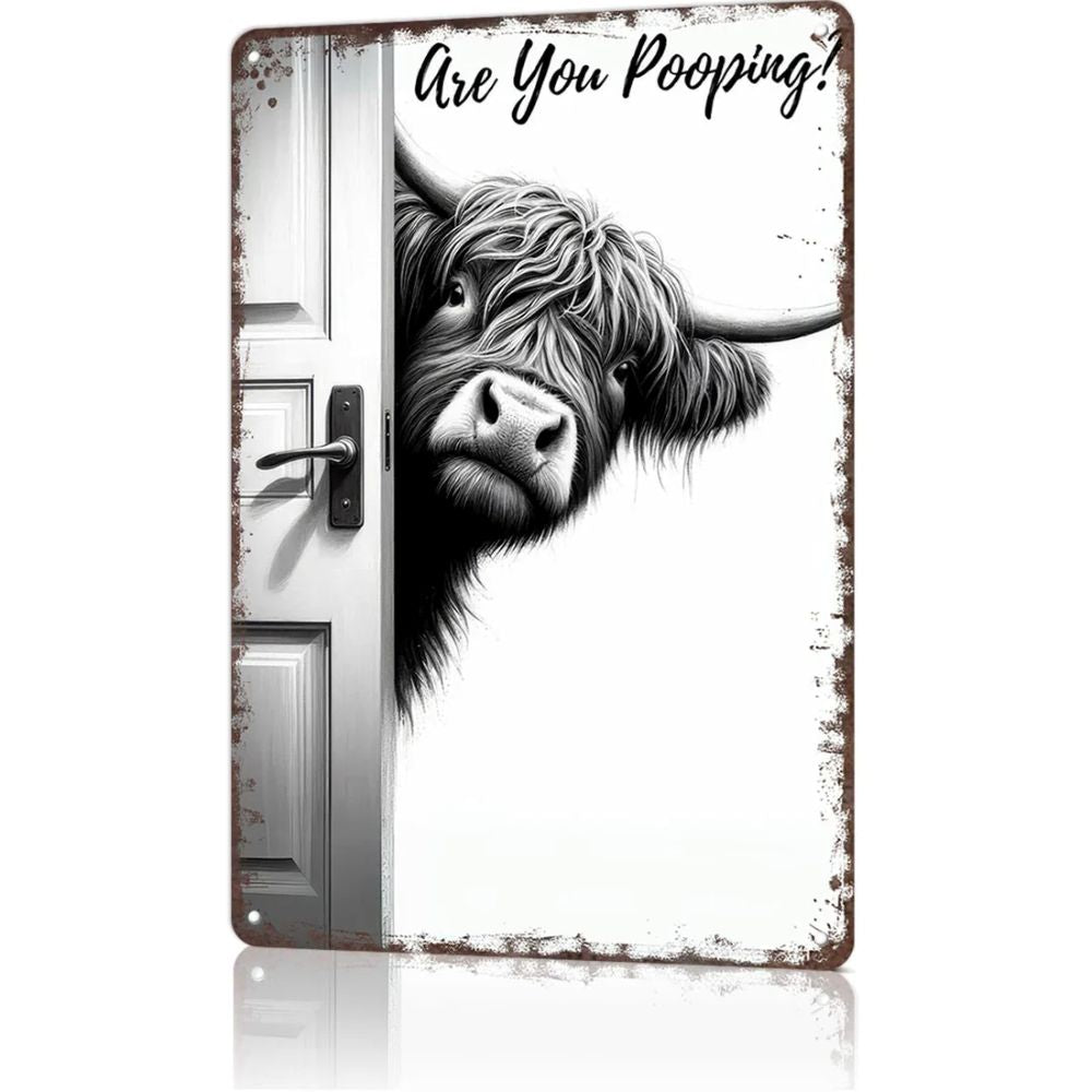 Vintage Highland Cow Metal Sign – Funny"Are You P**ping?" Wall Decor