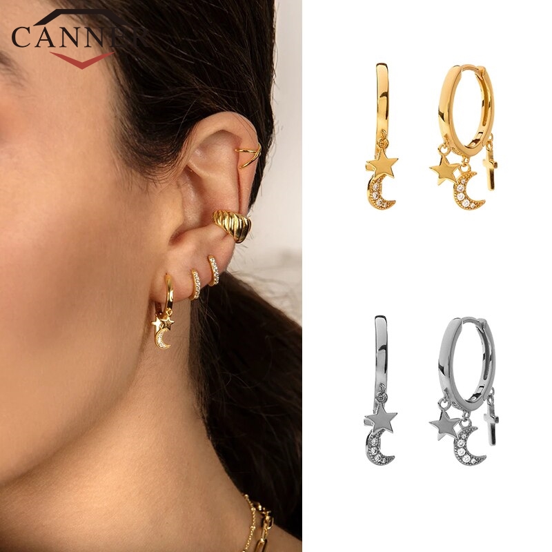 CANNER Real 925 Sterling Silver Hoop Earrings For Women Luxury Zircon Circle Round Earring Fashion Earings Jewelry pendientes