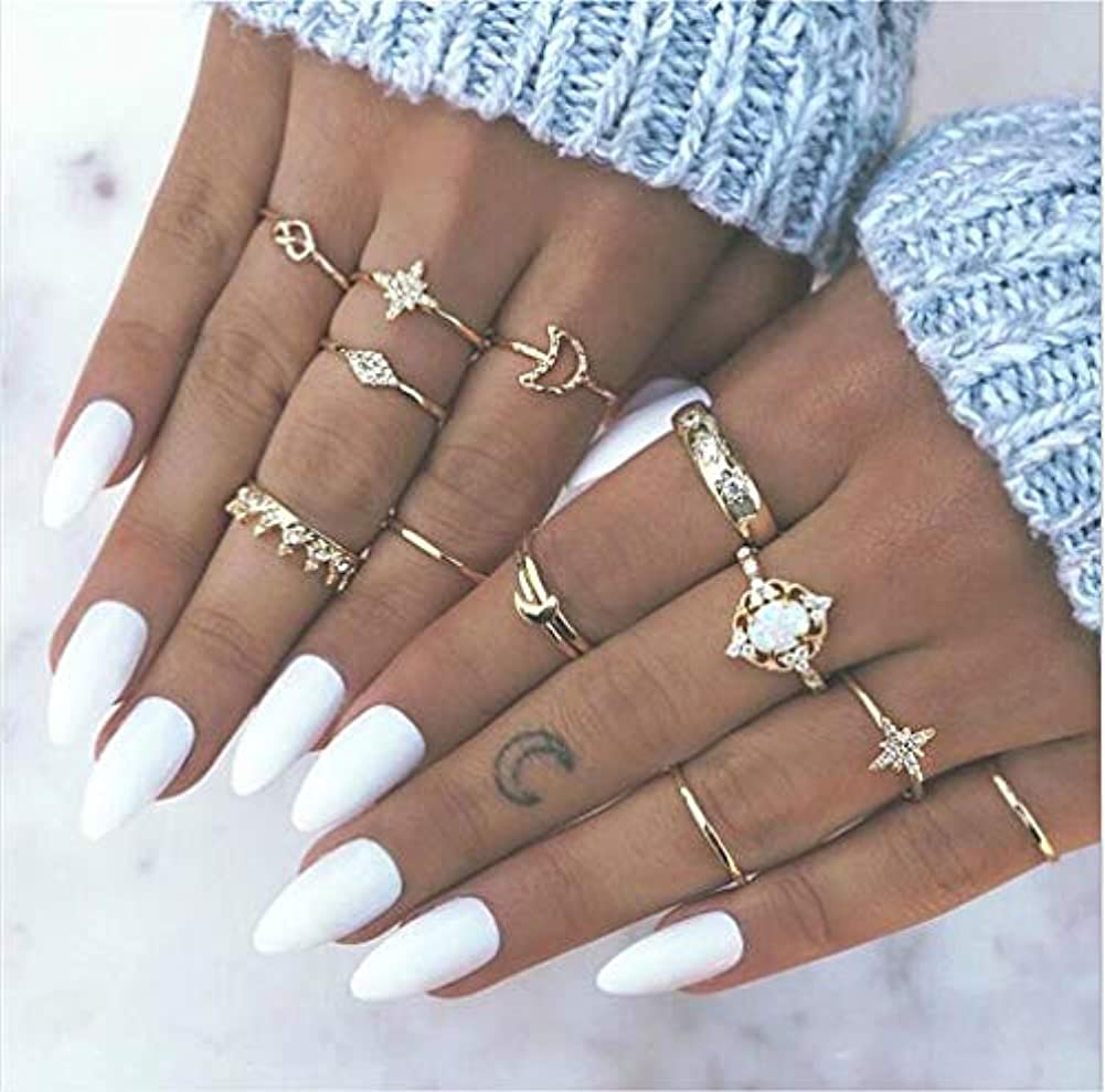 13pcs/set Vintage Star Opal Crystal Finger Ring Set Bohemian Gold Moon Star Crown Knuckle Midi Rings Women Rhinestone Jewelry