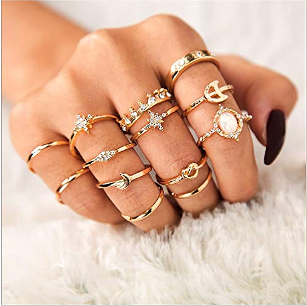 13pcs/set Vintage Star Opal Crystal Finger Ring Set Bohemian Gold Moon Star Crown Knuckle Midi Rings Women Rhinestone Jewelry