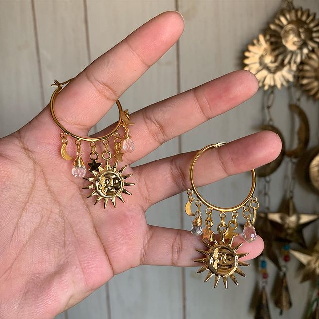 Crystal Hoop Earrings Hanging Earrings with Sun Moon and Stars Charm Celestial Gift