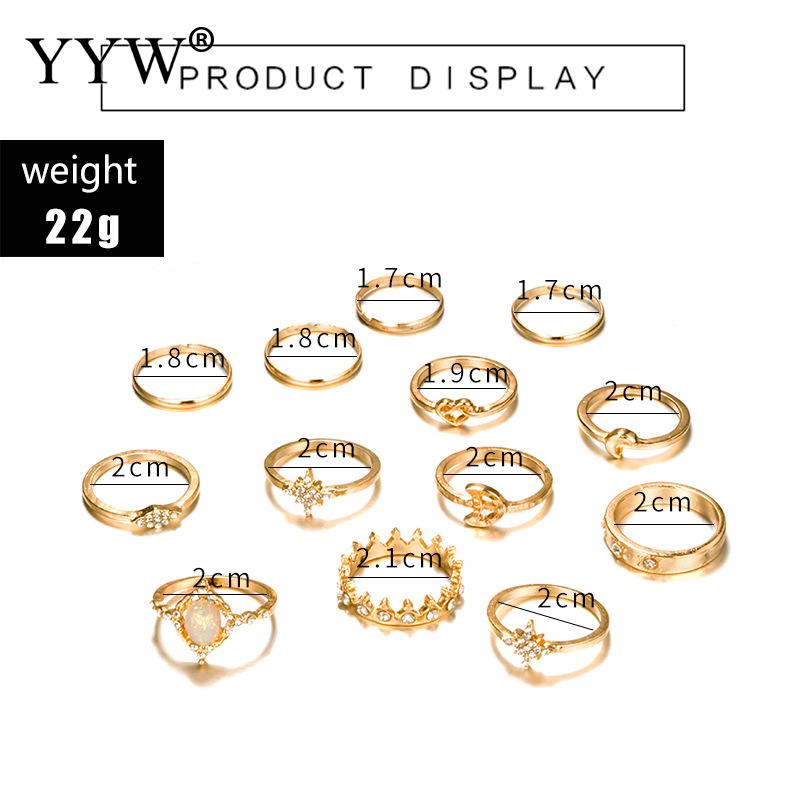 13pcs/set Vintage Star Opal Crystal Finger Ring Set Bohemian Gold Moon Star Crown Knuckle Midi Rings Women Rhinestone Jewelry