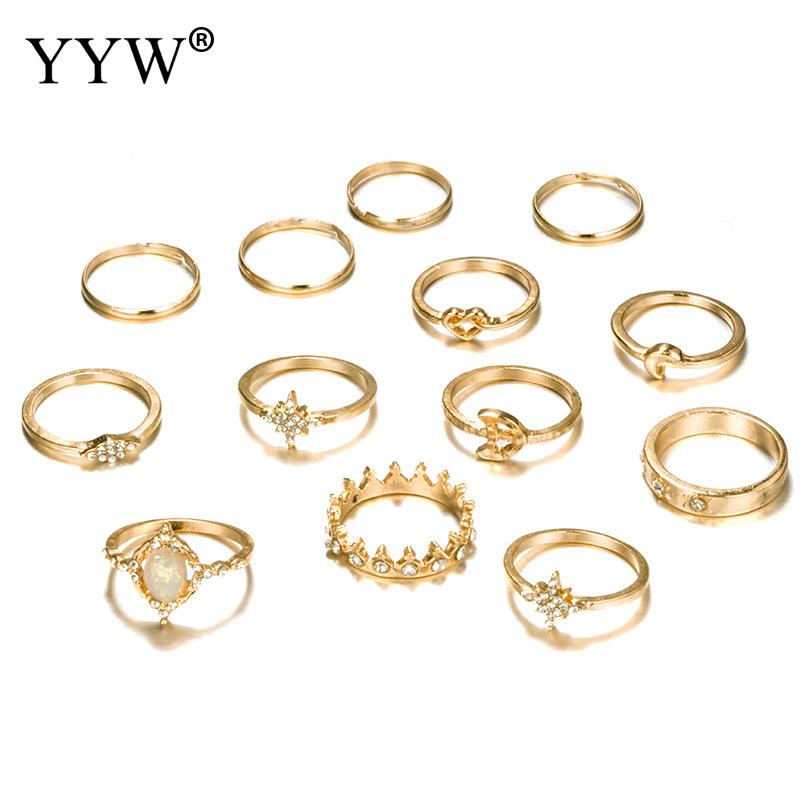 13pcs/set Vintage Star Opal Crystal Finger Ring Set Bohemian Gold Moon Star Crown Knuckle Midi Rings Women Rhinestone Jewelry