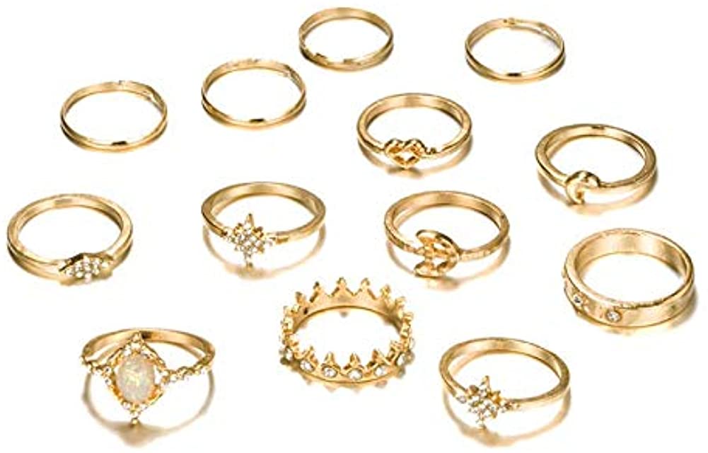 13pcs/set Vintage Star Opal Crystal Finger Ring Set Bohemian Gold Moon Star Crown Knuckle Midi Rings Women Rhinestone Jewelry