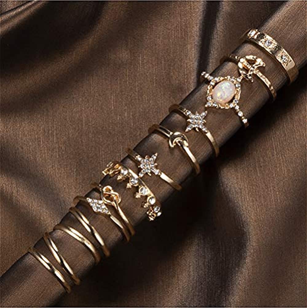13pcs/set Vintage Star Opal Crystal Finger Ring Set Bohemian Gold Moon Star Crown Knuckle Midi Rings Women Rhinestone Jewelry