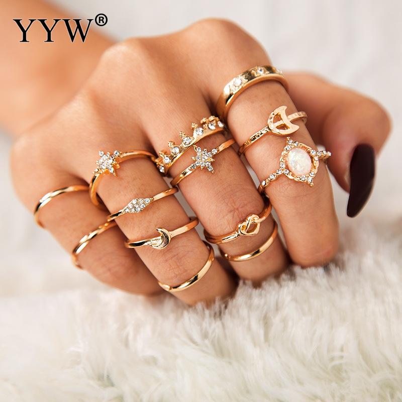13pcs/set Vintage Star Opal Crystal Finger Ring Set Bohemian Gold Moon Star Crown Knuckle Midi Rings Women Rhinestone Jewelry