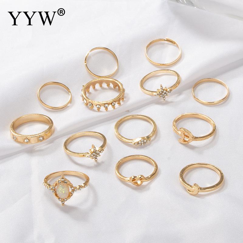13pcs/set Vintage Star Opal Crystal Finger Ring Set Bohemian Gold Moon Star Crown Knuckle Midi Rings Women Rhinestone Jewelry