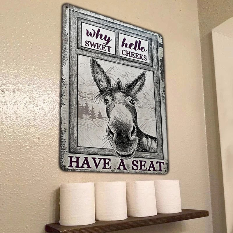 Donkey Metal Sign, Donkey Black White Hello Sweet Cheeks Metal Signs-Jolura