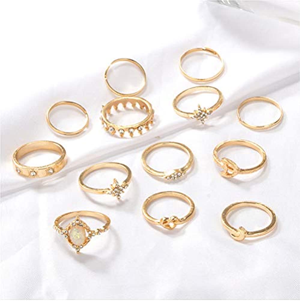 13pcs/set Vintage Star Opal Crystal Finger Ring Set Bohemian Gold Moon Star Crown Knuckle Midi Rings Women Rhinestone Jewelry