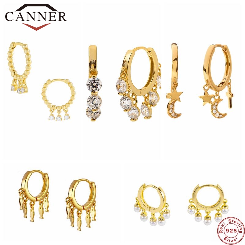 CANNER Real 925 Sterling Silver Hoop Earrings For Women Luxury Zircon Circle Round Earring Fashion Earings Jewelry pendientes