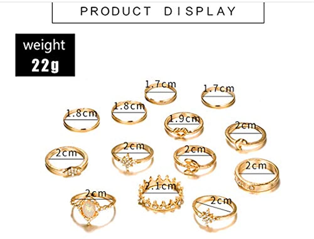 13pcs/set Vintage Star Opal Crystal Finger Ring Set Bohemian Gold Moon Star Crown Knuckle Midi Rings Women Rhinestone Jewelry