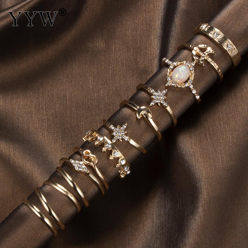 13pcs/set Vintage Star Opal Crystal Finger Ring Set Bohemian Gold Moon Star Crown Knuckle Midi Rings Women Rhinestone Jewelry
