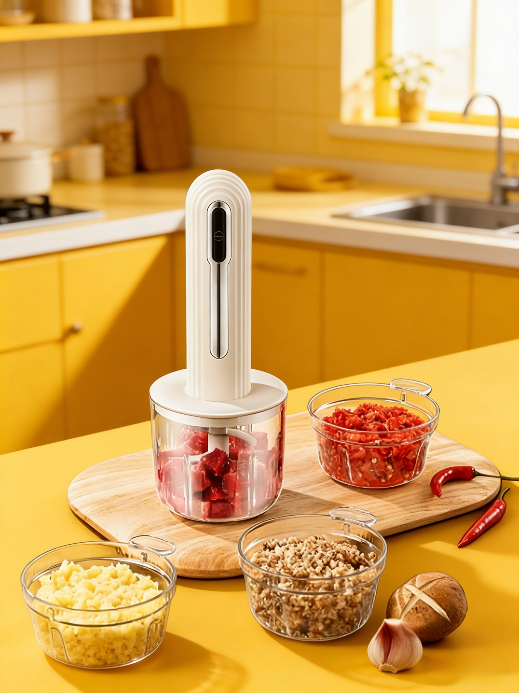 [4 Bowls, 2 Cuts, 6-Second Quick Chop] Mini Kitchen Cooker