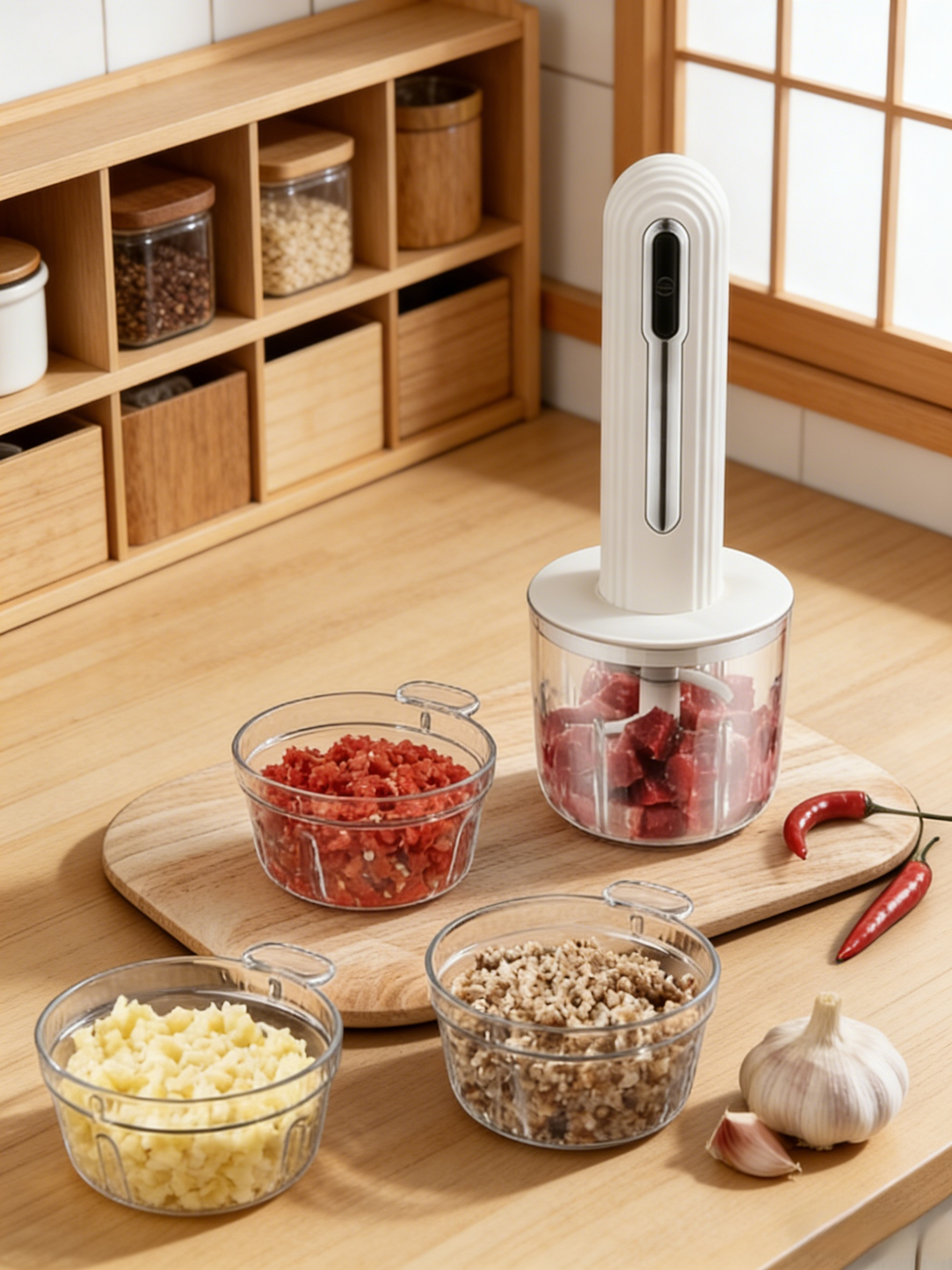 [4 Bowls, 2 Cuts, 6-Second Quick Chop] Mini Kitchen Cooker